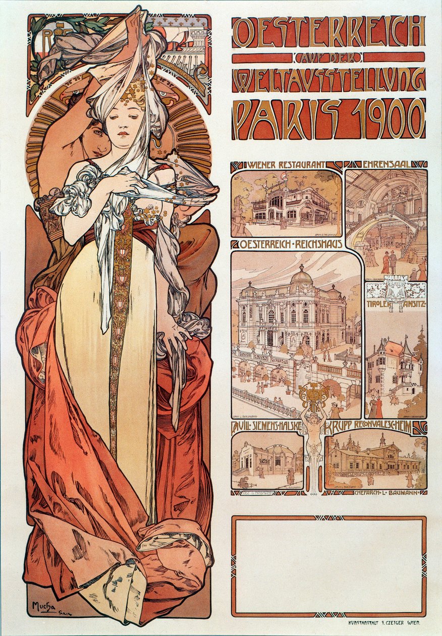 Reklamaffisch av Alphonse Mucha (1860-1939) för Österrike representerad på världsutställningen i Paris 1900 - Dim 68x98,5 cm Reklamaffisch av Alphonse Mucha för "" Österrike"" på utställningen av Alphonse Mucha