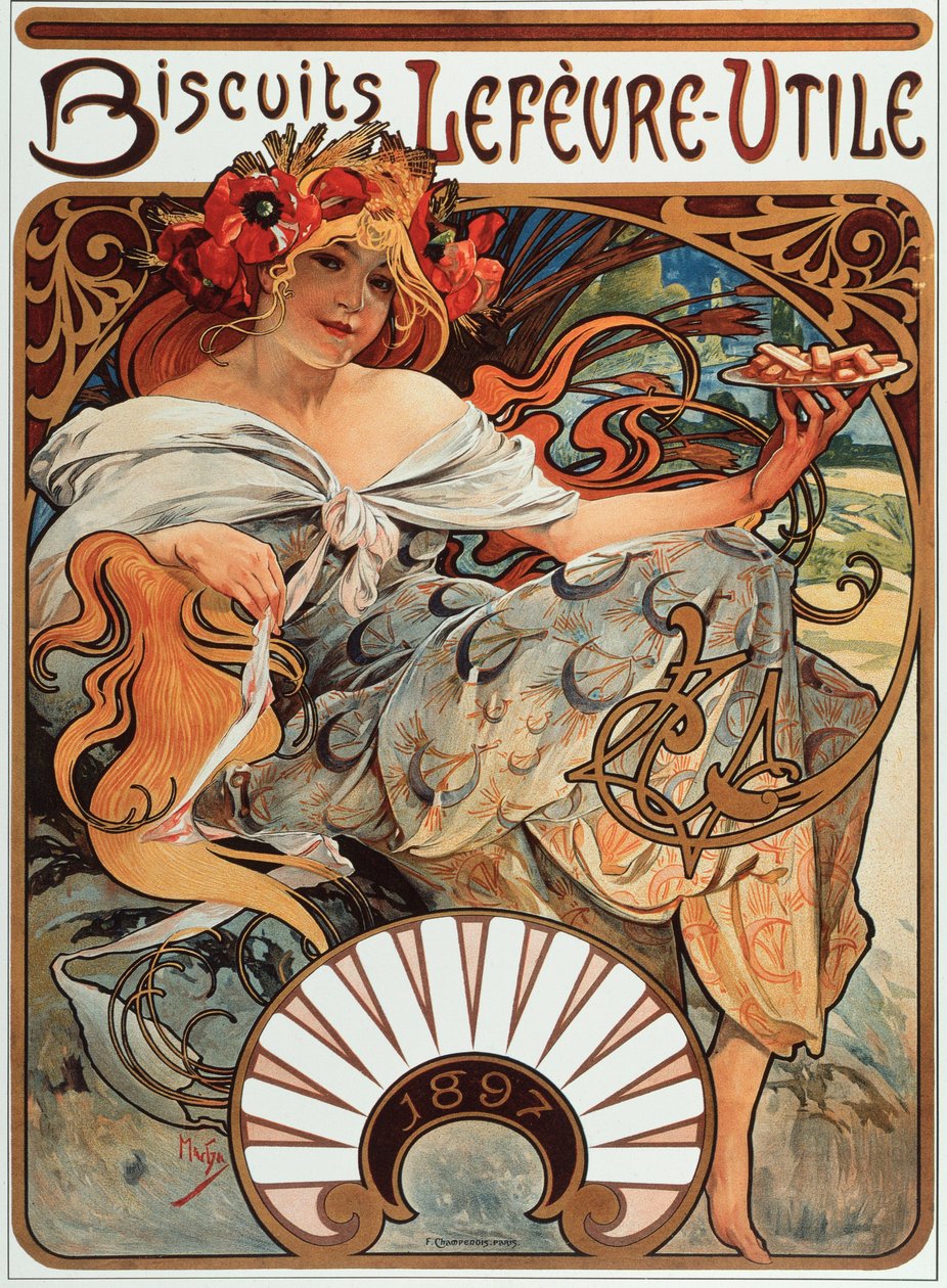 Annonsaffisch av Alphonse Mucha (1860-1939) för Biscuits "" Lefevre-Utile””, 1897 - Reklamaffisch av Alphonse Mucha för Lefevre Utile Biscuits, 1897 Dim 44x61 cm - Privat samling av Alphonse Mucha