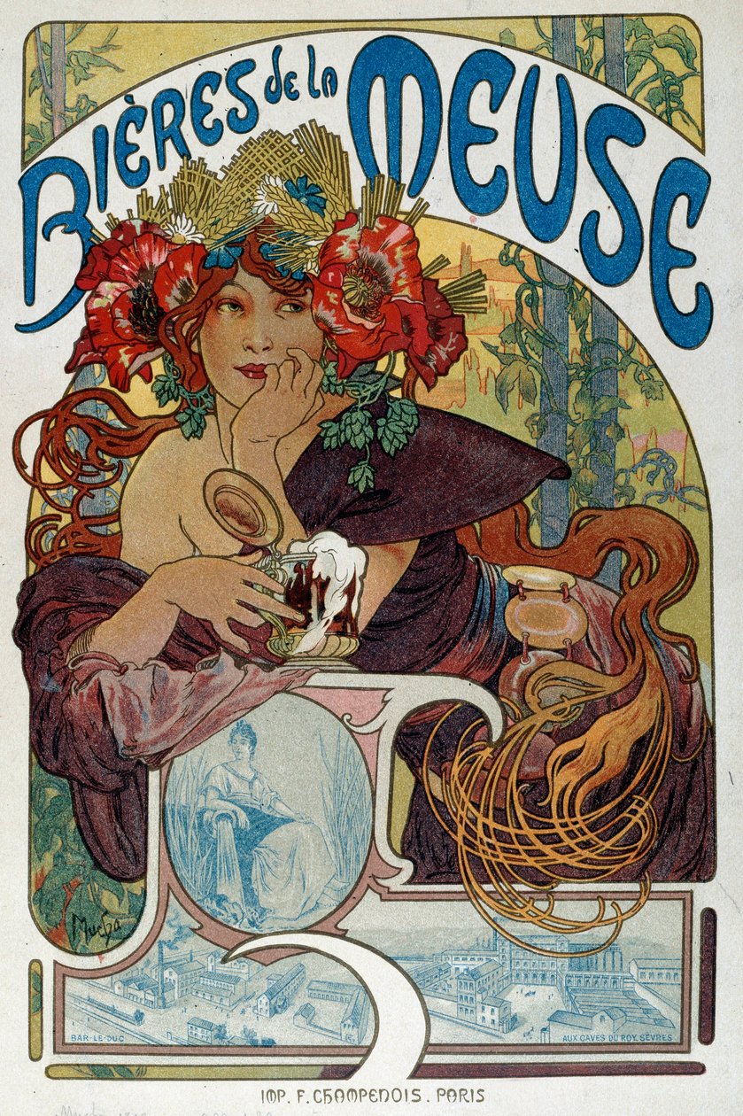 Reklamaffisch för "" Les bieres de la Meuse"" illustrerad av Alphonse Mucha (1860-1939) 1898 Paris, dekorativ konst av Alphonse Mucha