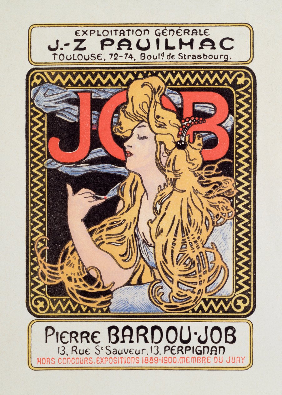 Reklamaffisch för cigarettpapper Job skapad av Alphonse Mucha (1860-1939) 1900 - sön 12x8 cm Reklamaffisch för cigarettpapper Job släppt av Alphonse Mucha, 1900 - Privat samling av Alphonse Mucha