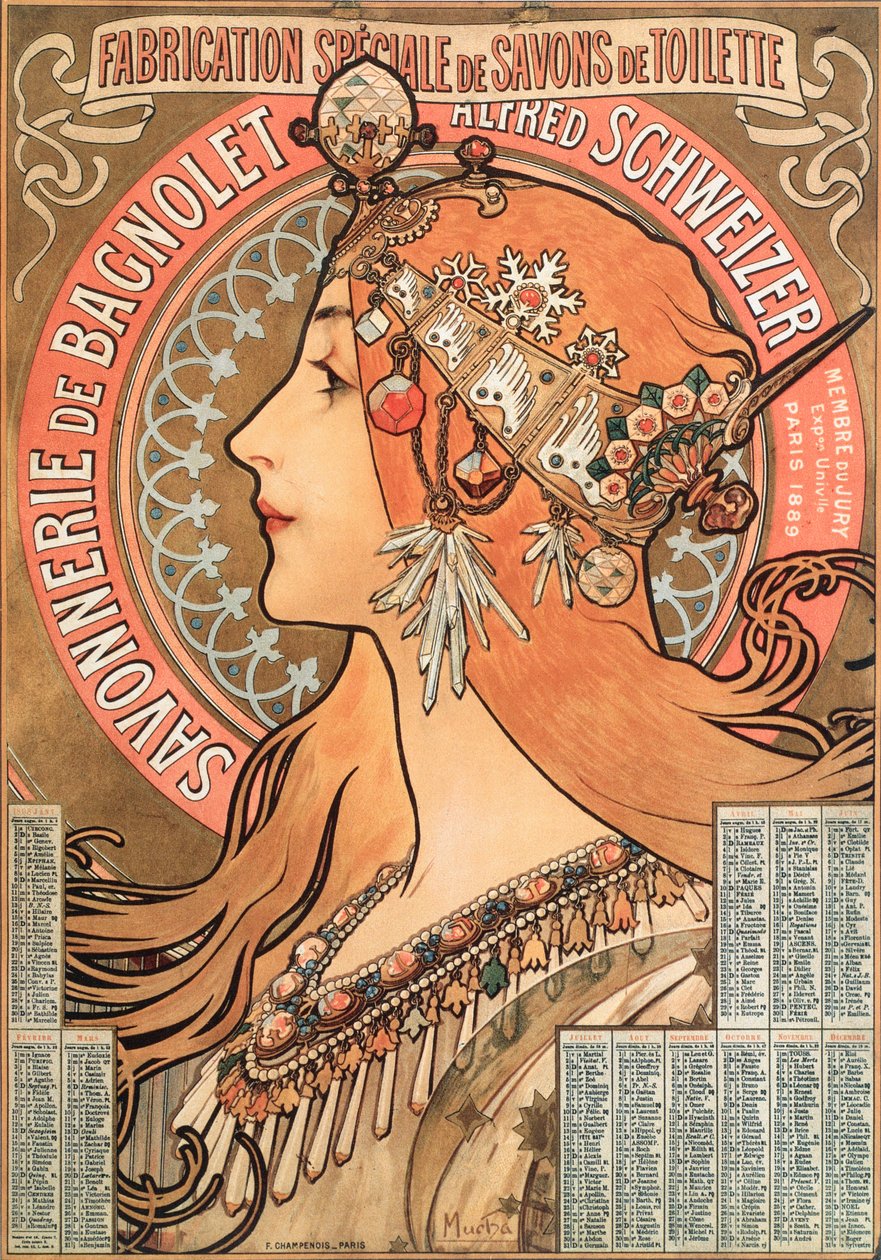 Årets kalendersida 1898 dekorerad av en reklamillustration av Alphonse Mucha (1860-1939) för tvålföretaget Savonnerie de Bagnolet Alfred Schweizer - Reklamillustration av Alphons ( av Alphonse Mucha