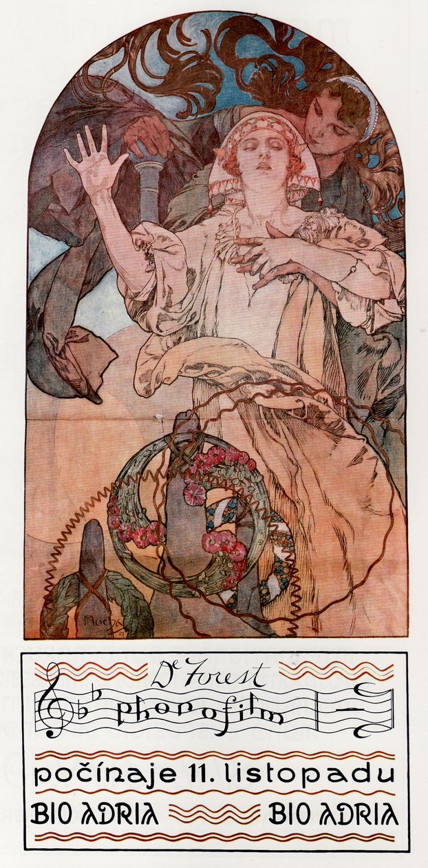DeForest Phonofilm. Presentation av en av de första musikaliska ljudfilmerna på Adria i Prag, 1927 av Alphonse Mucha