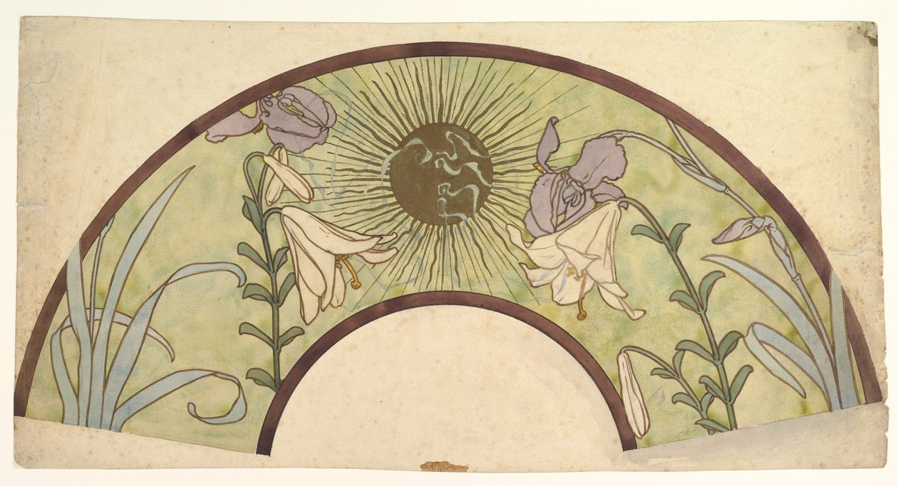 Design för en fläkt med sunburst, liljor och iris, sent 1800 - mitten av 1900-talet av Alphonse Mucha
