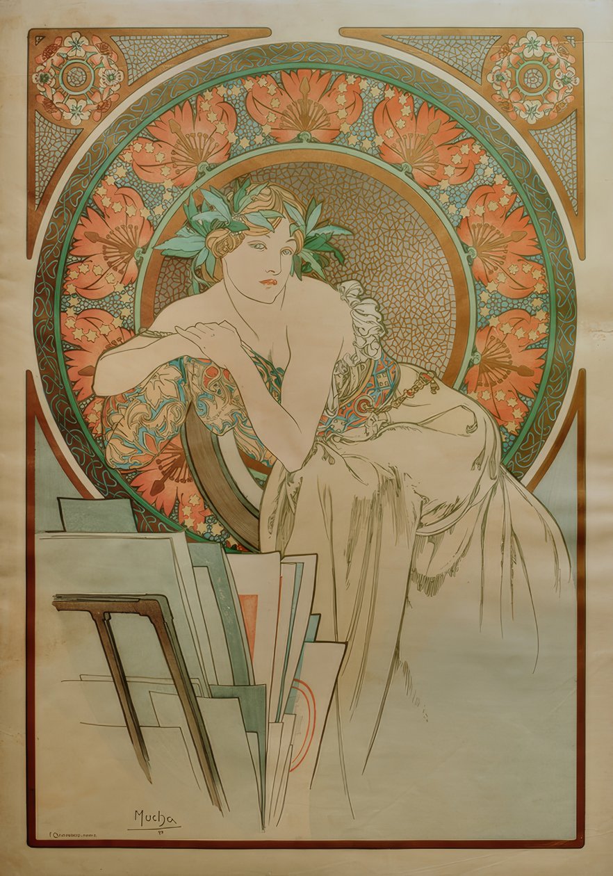 Kvinna med vallmo och grafisk portfölj av Alphonse Mucha
