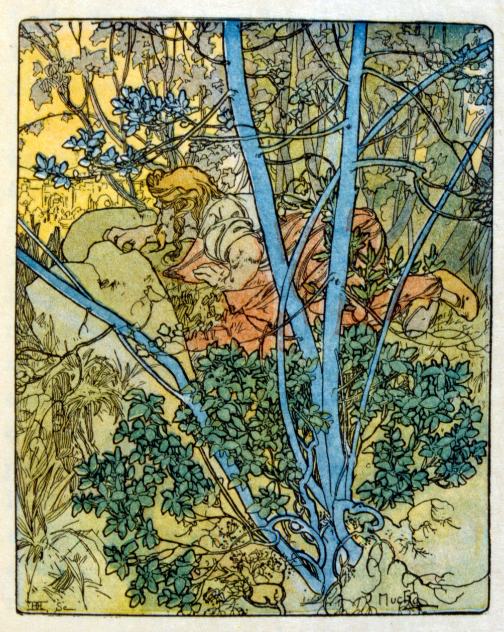 Illustration av Alphonse Mucha från "Clio" ett verk av den franske författaren Anatole France. 1900. Mucha (1860 – 1939). var en tjeckisk jugendmålare av Alphonse Mucha