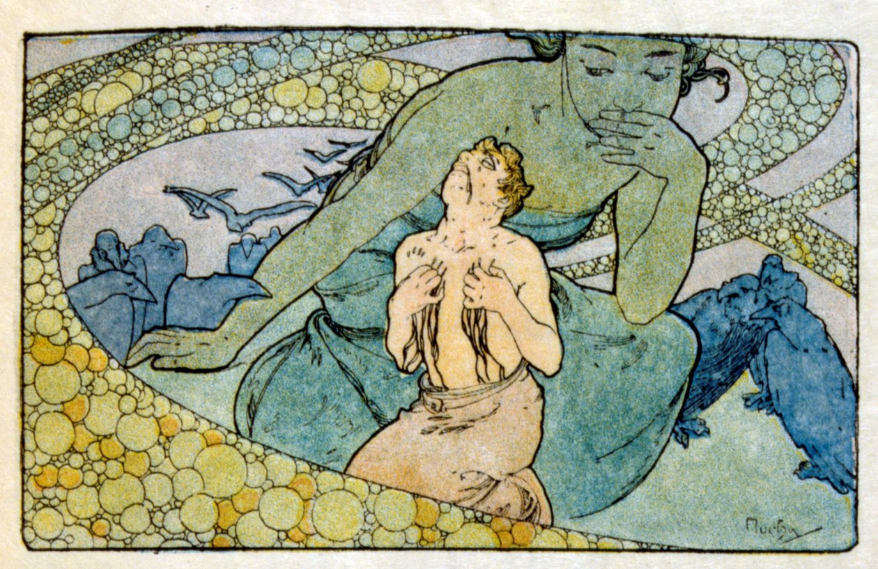 Illustration av Alphonse Mucha från "Clio" ett verk av den franske författaren Anatole France. 1900. Mucha (1860 – 1939). var en tjeckisk jugendmålare av Alphonse Mucha