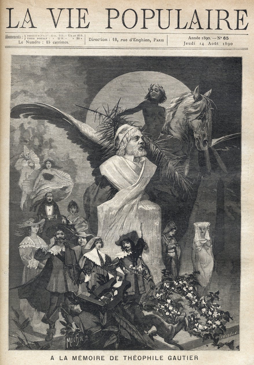 Till minne av Theophile Gautier (1811-1872). Runt en byst av författaren springer karaktärerna i kostym av hans verk med sorg och värdighet, under blicken av ett barn som kröner lagrar och rider på en vinghäst. Illustration av Alfons Maria Mucha (Alphonse  av Alphonse Mucha