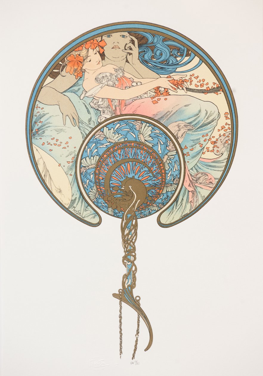 Den passerande vinden bär bort ungdomen. Fläkten, 1899. av Alphonse Mucha
