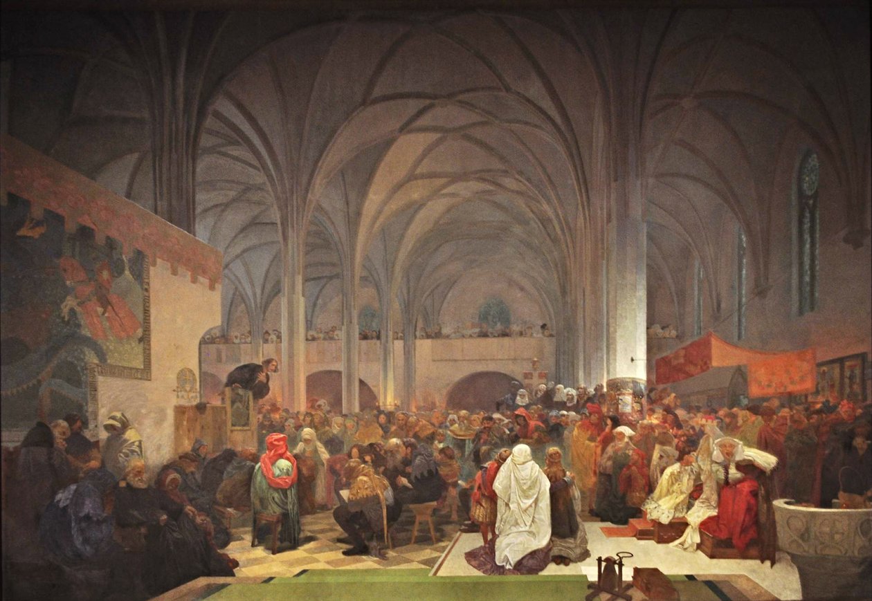 Mästare Jan Hus Predikar vid Betlehemskapellet Cykeln Det slaviska eposet av Alphonse Mucha