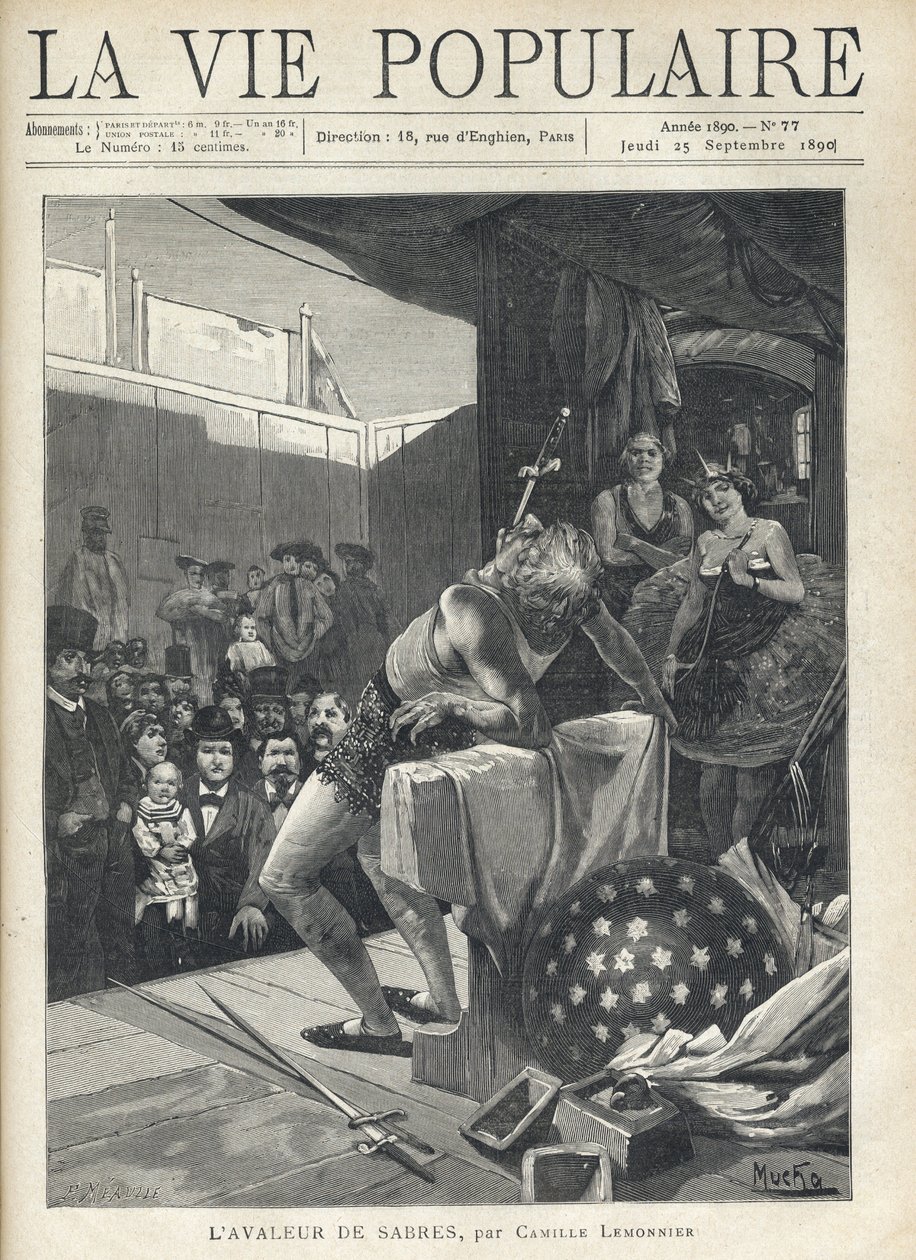 På scen av en resande teater ser publiken som samlas på numret på en sabelsvala, vid dess sidor, gömd av scenridån, observerar två artister den med ett leende. Illustration av Alfons Maria Mucha (Alphonse Marie Mucha av Alphonse Mucha