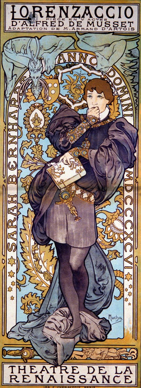 Affisch för Lorenzaccio Alfred de Musset, med Sarah Bernhardt, Paris, 1896 av Alphonse Mucha