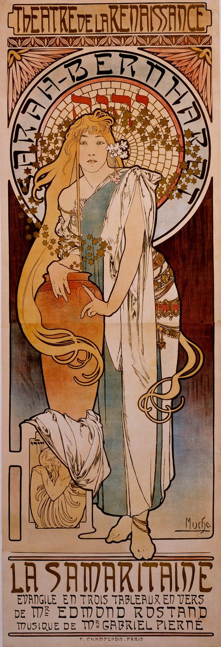 Affisch för stycket "" La Samaritaine"" av Edmond Rostand framförd av Henriette Rosine Bernard dit Sarah Bernhardt (1844-1923) 1897 på Theatre de la Renaissance. Teckning av Alphonse Mucha (1860-1939) 1897 av Alphonse Mucha