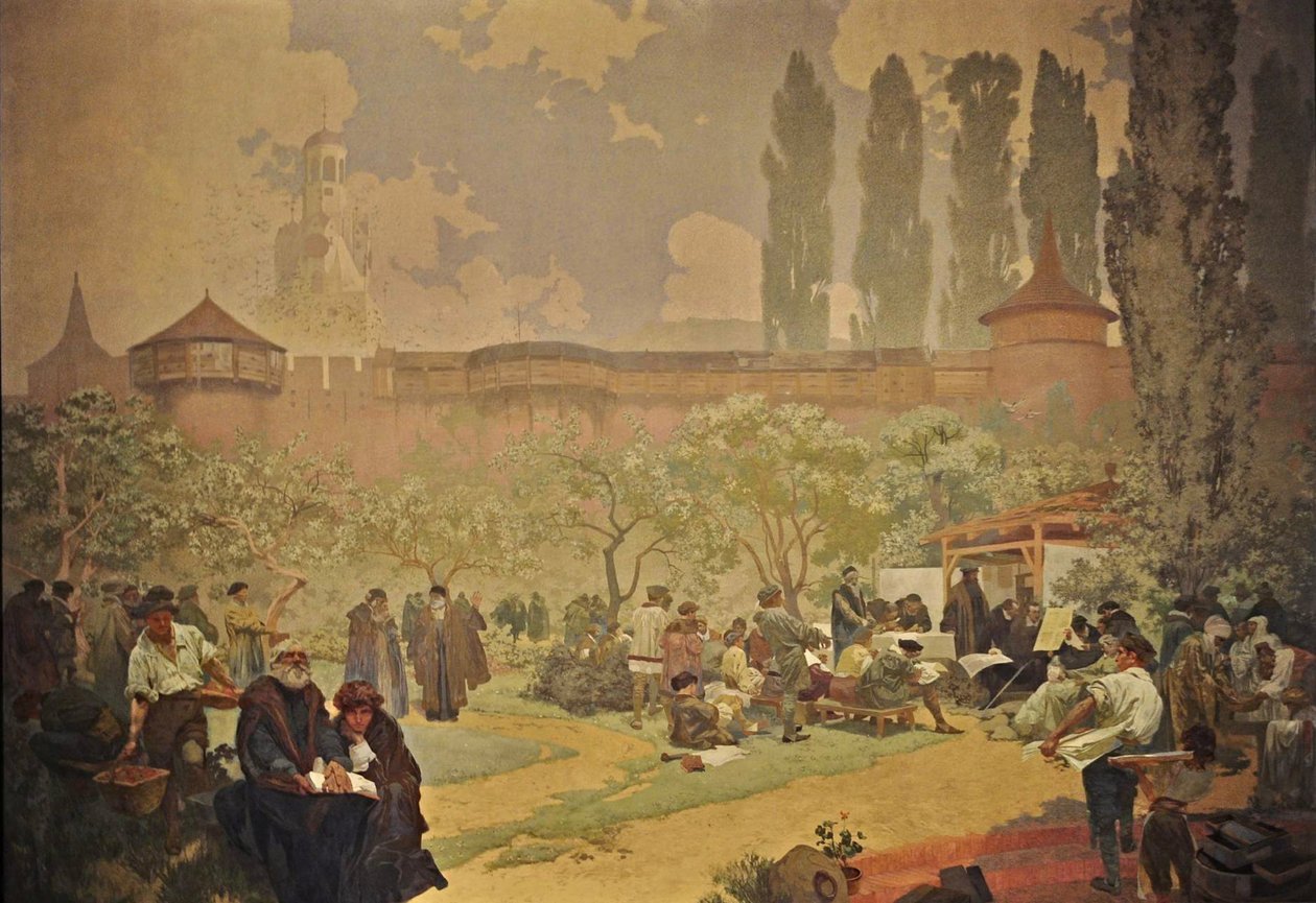 Tryckningen av Bibeln från Kralice i Ivancice Cykeln Det slaviska eposet av Alphonse Mucha