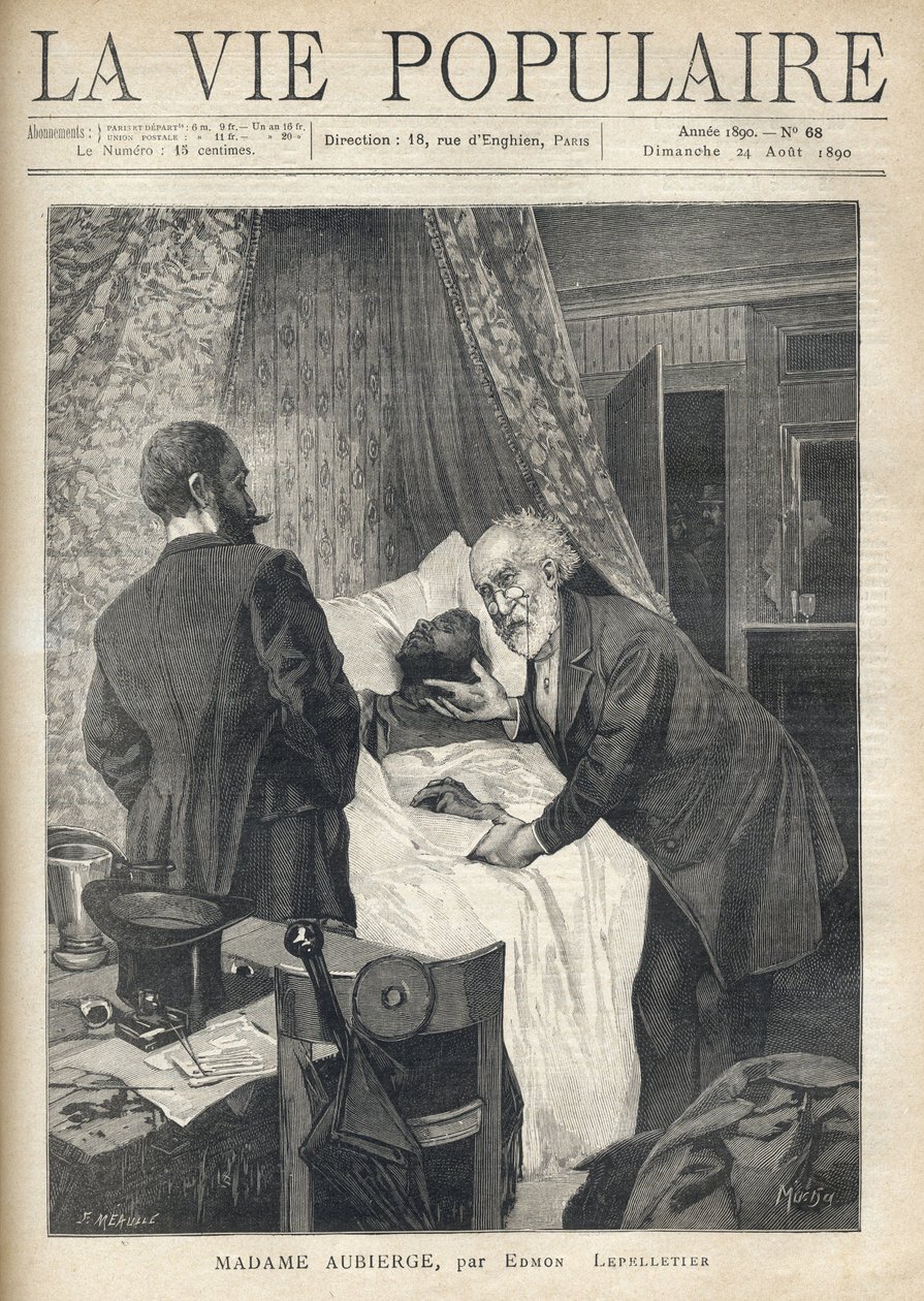 Två män lutar sig över en säng för att se en mans död. Vid dörren står andra män och tittar på scenen. Illustration av Alfons Maria Mucha (Alphonse Marie Mucha av Alphonse Mucha