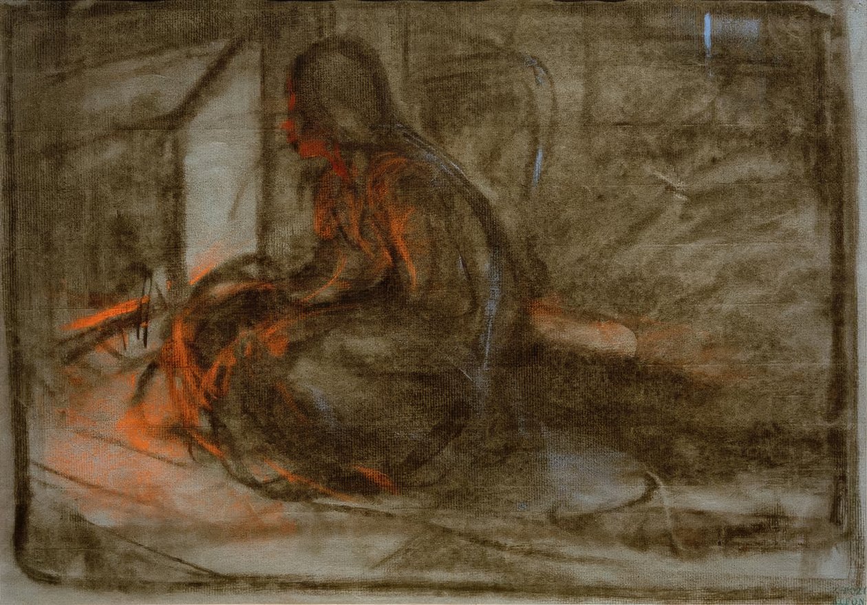 Kvinna som sitter framför brasan av Alphonse Mucha