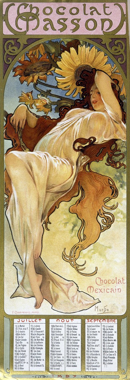 Kvinna i hösthumör - av Mucha, kalender "" Chocolat Mexicain Chocolat Masson", juli, augusti, september 1897. av Alphonse Mucha