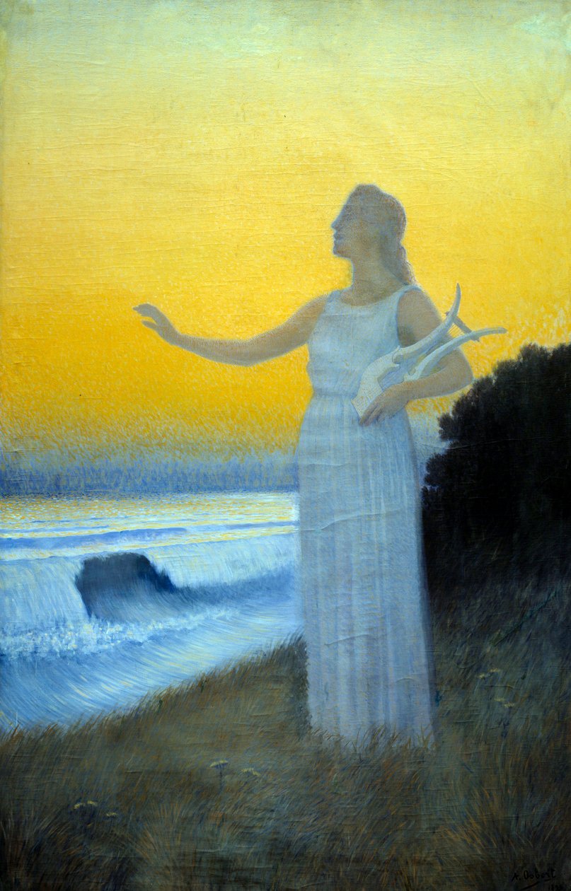 Anthem to the Sea Ung kvinna som håller en lyra mot havet. Karaktär som frammanar den grekiska poetinnan av Antiquite Sapho. Målning av Alphonse Osbert (1857-1939) 1900 privat samling av Alphonse Osbert