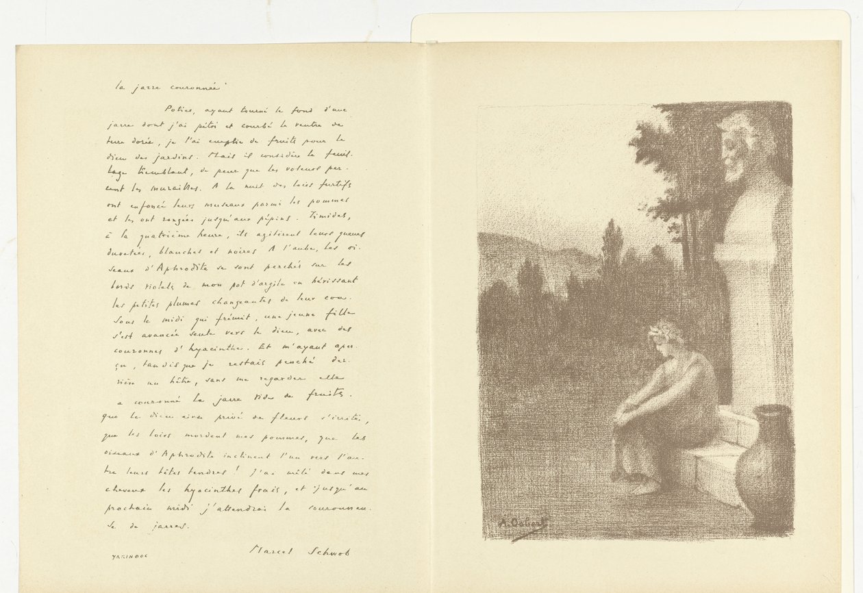 Illustration med en kvinna som sitter nära en byst av en man och en vattenkanna med dikten La jarre couronnée av Marcel Schwob Illustration för La jarre couronnée av Marcel Schwob L