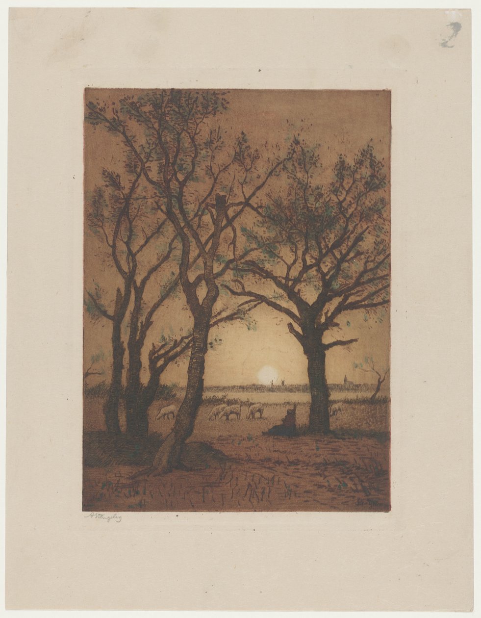 Landskap med får i solnedgången Kvällslandskap med får i Drenthe av Alphonse Stengelin (signed by artist)