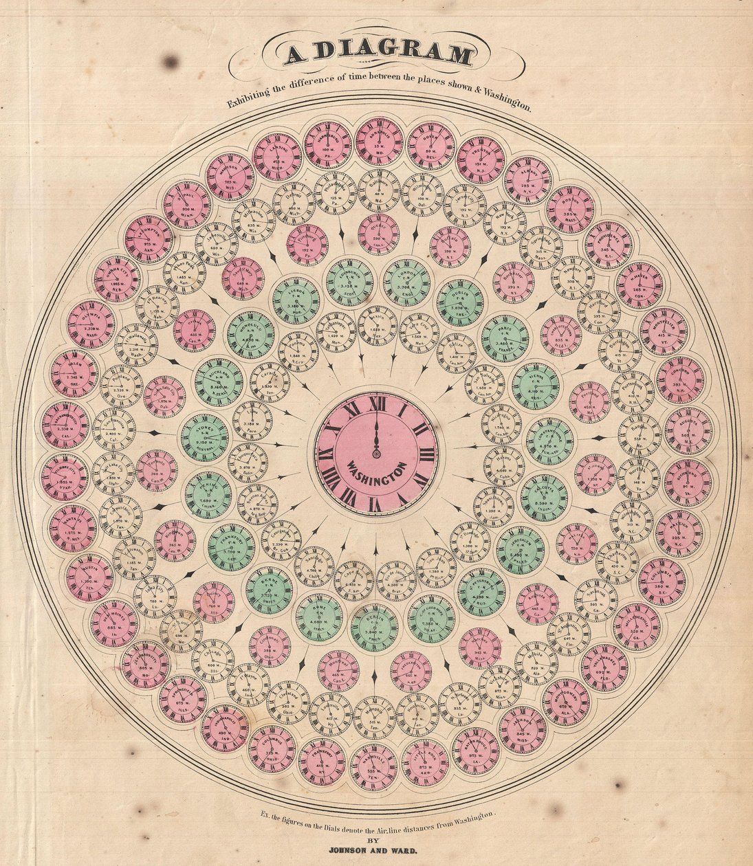 A Diagram Exhibiting the difference of time between the places shown & Washington av Alvin Jewett Johnson