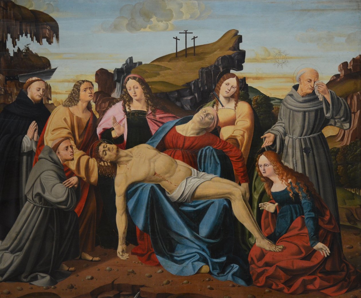 Kristi klagosång, med jungfru, Sankt Peter martyren, Sankt Franciskus, Johannes evangelisten, Sankt Maria egypten och Sankt Agatha av Alvise Donati