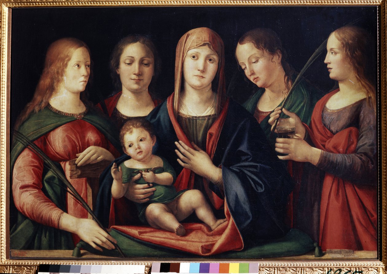 Jungfrun och barnet med Marie Madeleine Sainte Catherine och två helgon (Madonna och barnet med Maria Magdalena, Sainte Catherine och två helgon). Målning av Alvise Vivarini (cirka 1446-cirka 1505). Olja på duk, 89 x 129 cm av Alvise Vivarini