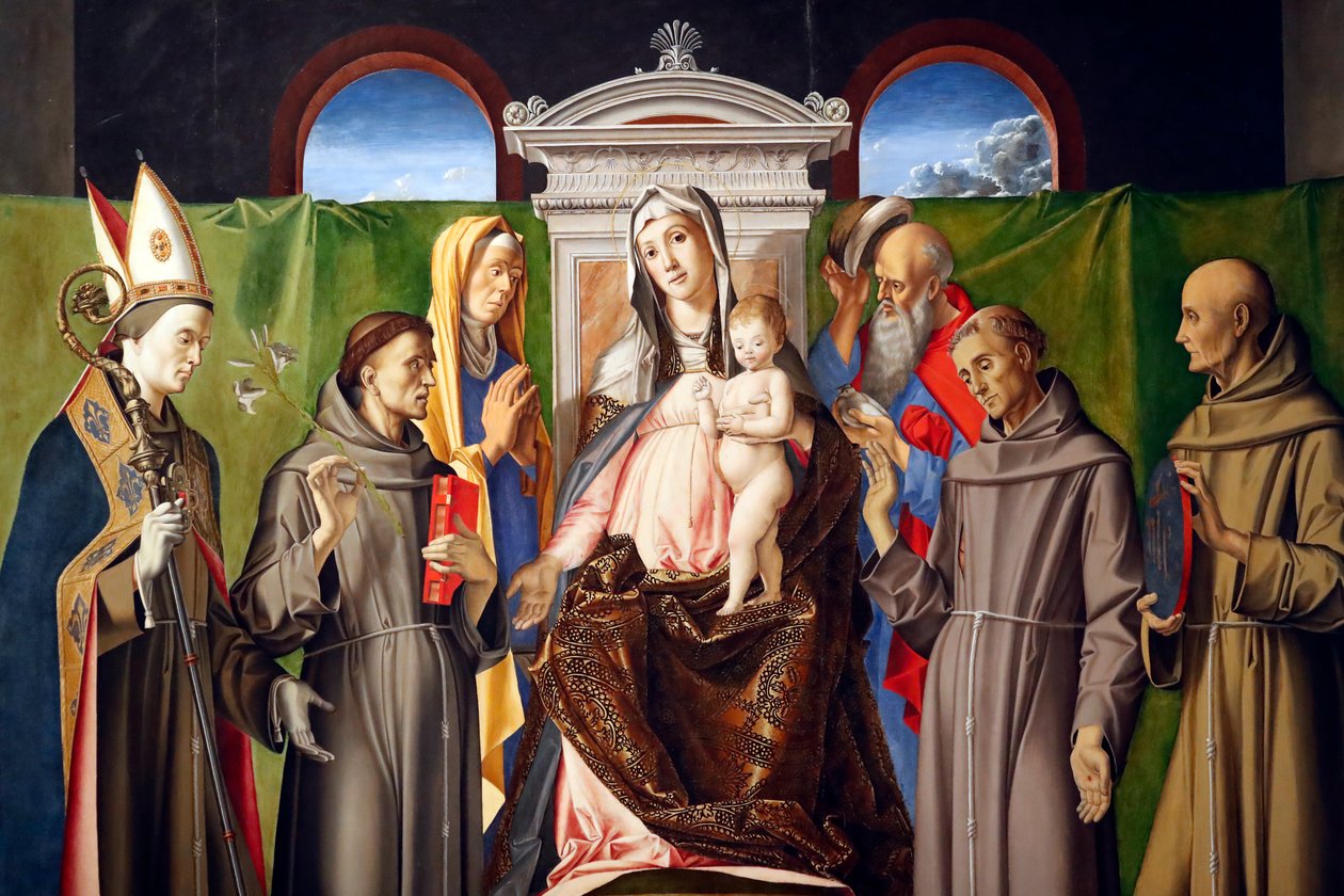 Madonna och barn tronade med de heliga Ludvig av Toulouse, Antonius av Padua, Anne, Joachim, Franciskus och Bernardino av Siena av Alvise Vivarini