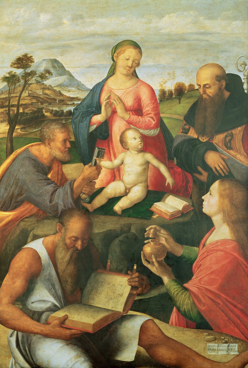 Madonna och barn med SS. Petrus, Hieronymus och Maria Magdalena med en biskop, 1500 av Alvise Vivarini