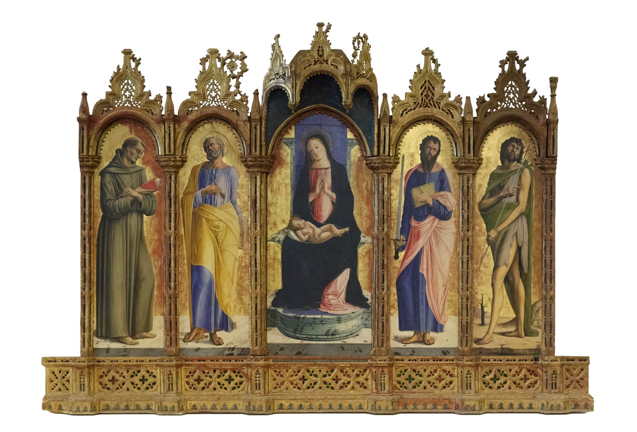 Madonna med barnet på tronen och helgonen Franciskus, Petrus av Alvise Vivarini