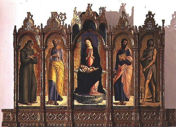 Polyptyk föreställande Madonna med tronande barn (central panel), Sankt Dominikus och Sankt Petrus (vänstra paneler), Sankt Paulus och Johannes Döparen (högra paneler). av Alvise Vivarini