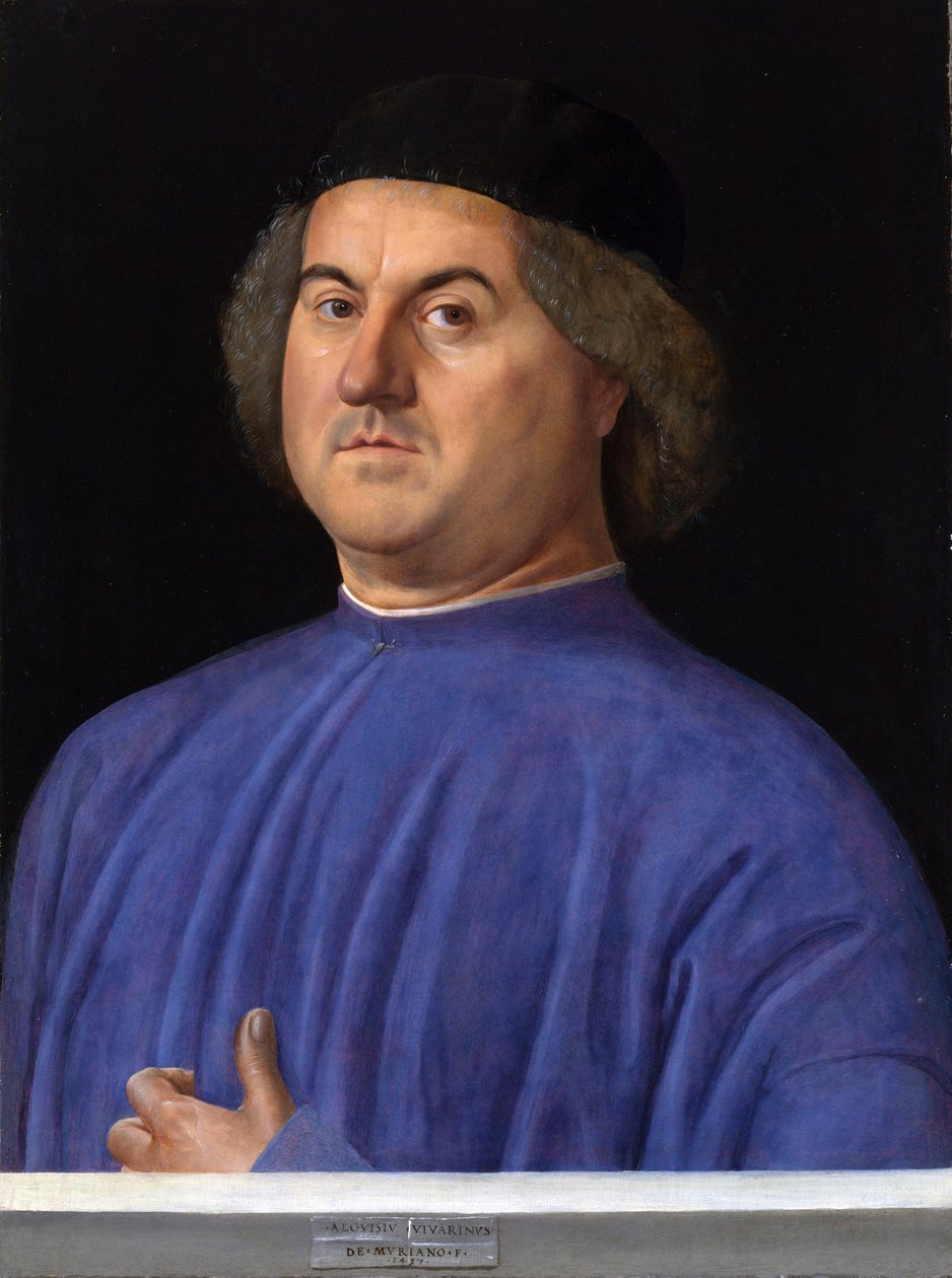""Porträtt av en man"" Bourgeois klädd i en blå tunika - Målning av Alvise Vivarini (cirka 1446-cirka 1505) 1497 London National Gallery av Alvise Vivarini