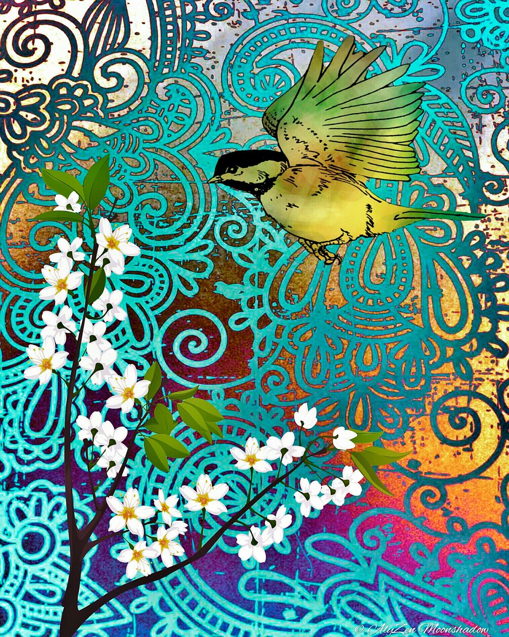 Bird with Cherry Blossoms, 2014, (digital mixed media phoneography) av AlyZen Moonshadow