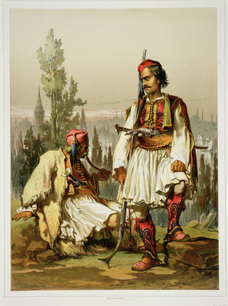 Albaner, legosoldater i den osmanska armén, pub. av Lemercier, 1857 av Amadeo Preziosi