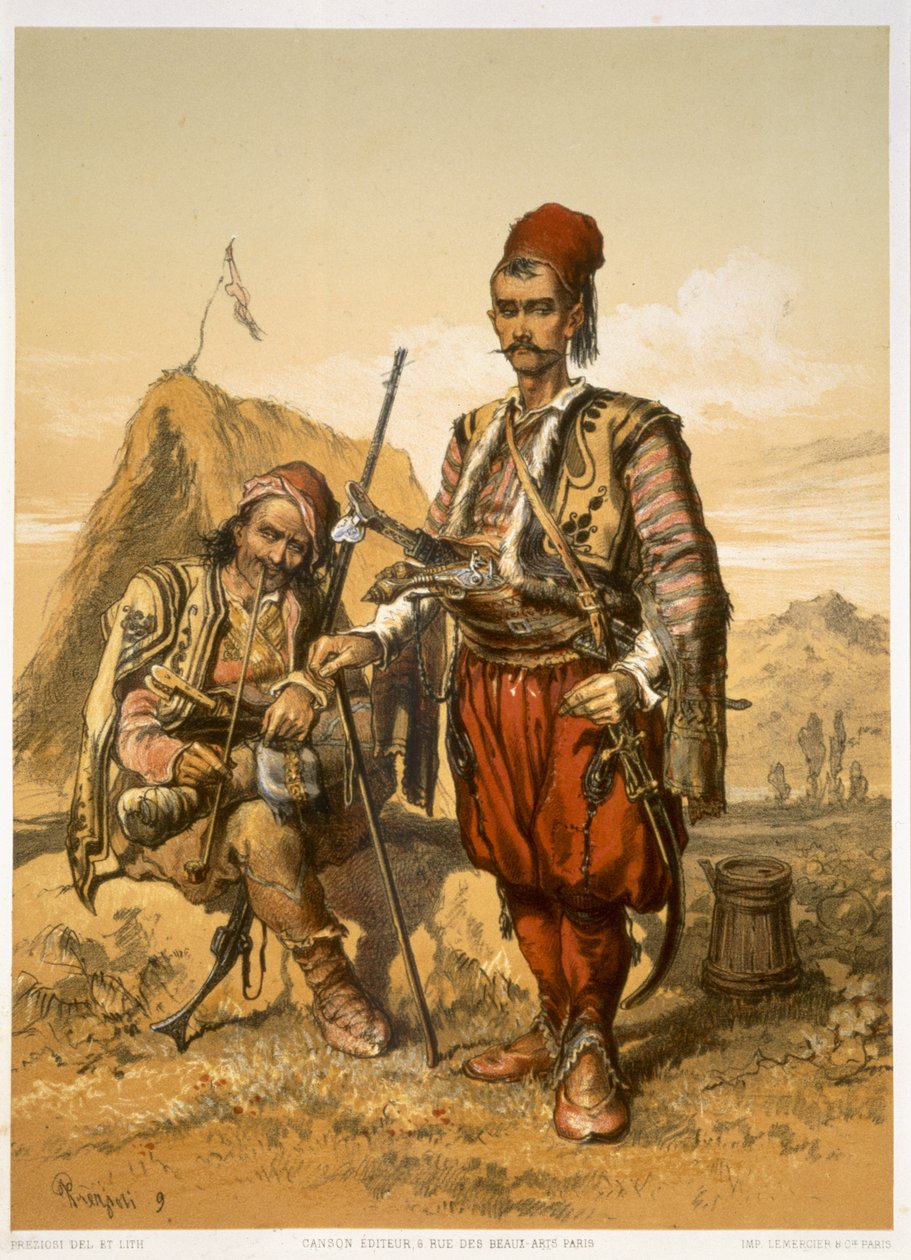 Turkiska fotsoldater i den osmanska armén, pub. av Lemercier, ca 1857 av Amadeo Preziosi