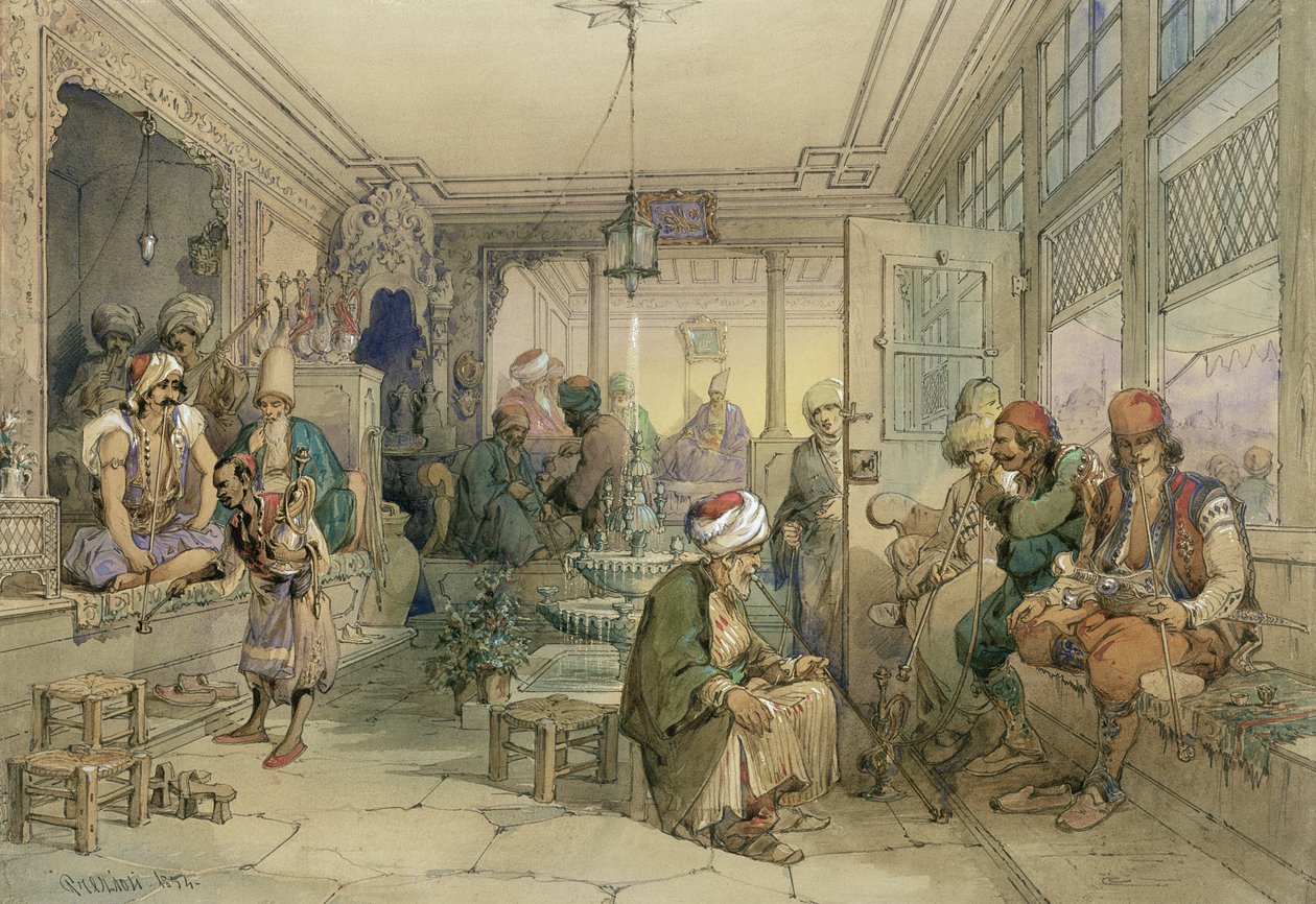 Ett kaffehus i Konstantinopel, 1854 (penna, bläck och wc på papper) av Amadeo Preziosi
