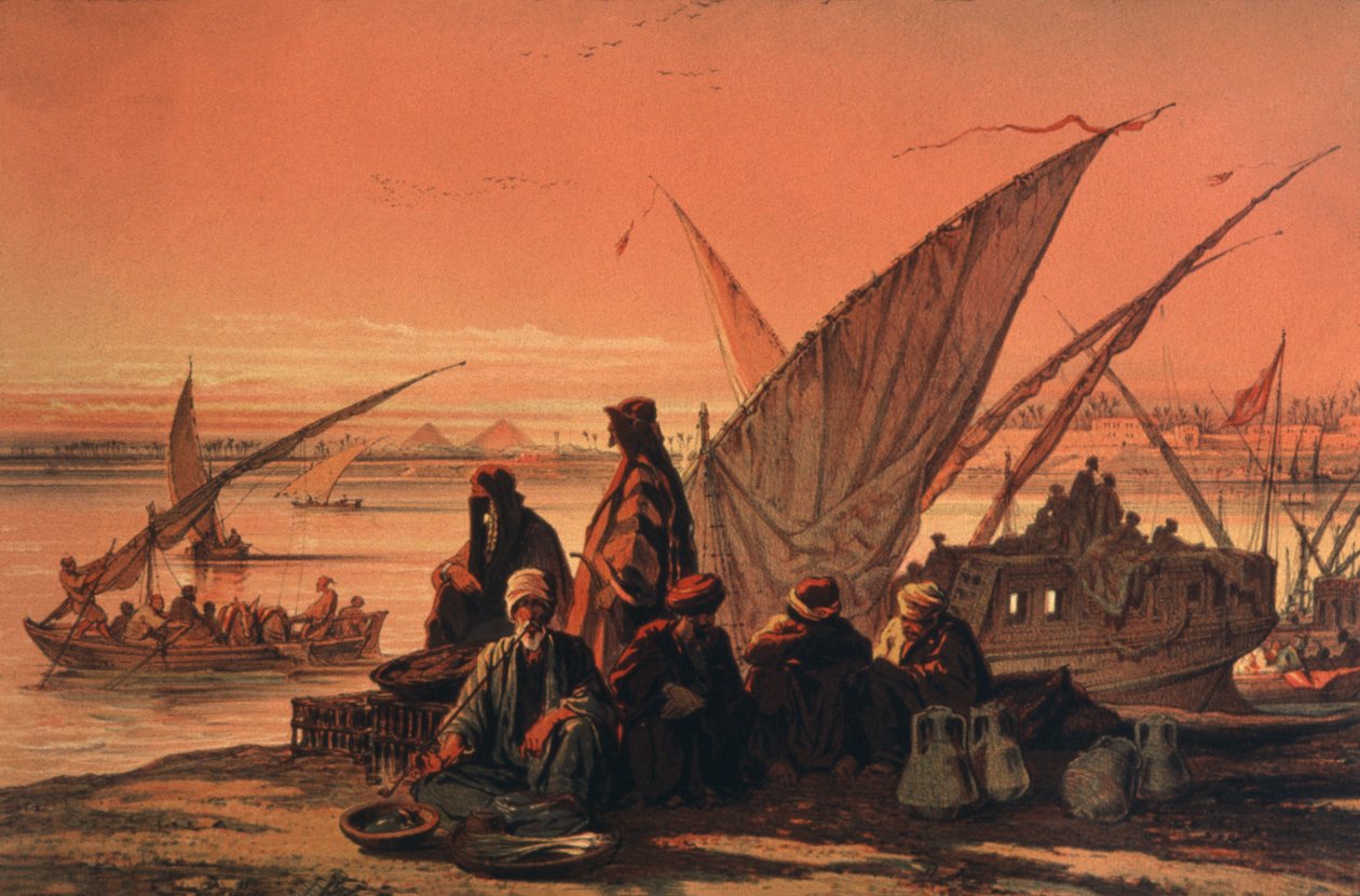 Båtar på Nilen, nära pyramiderna av Amadeo Preziosi