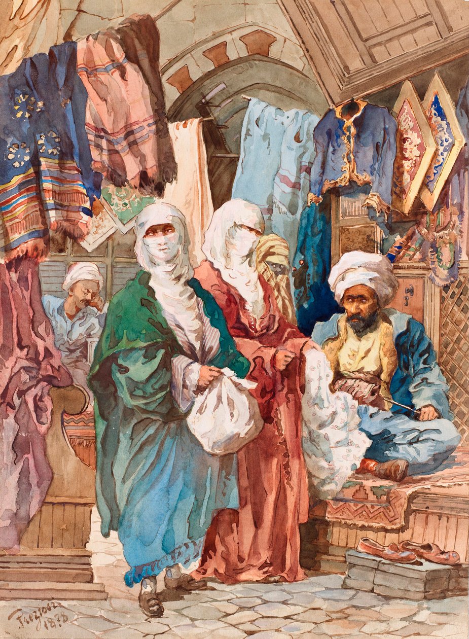 The Silk Bazaar (orientalisk marknad, souk, sidenvaror) - The Silk Bazaar - Av Amedeo Preziosi (1816-1882), Akvarell på papper (41x30 cm) - Pera Museum, Istanbul av Amadeo Preziosi