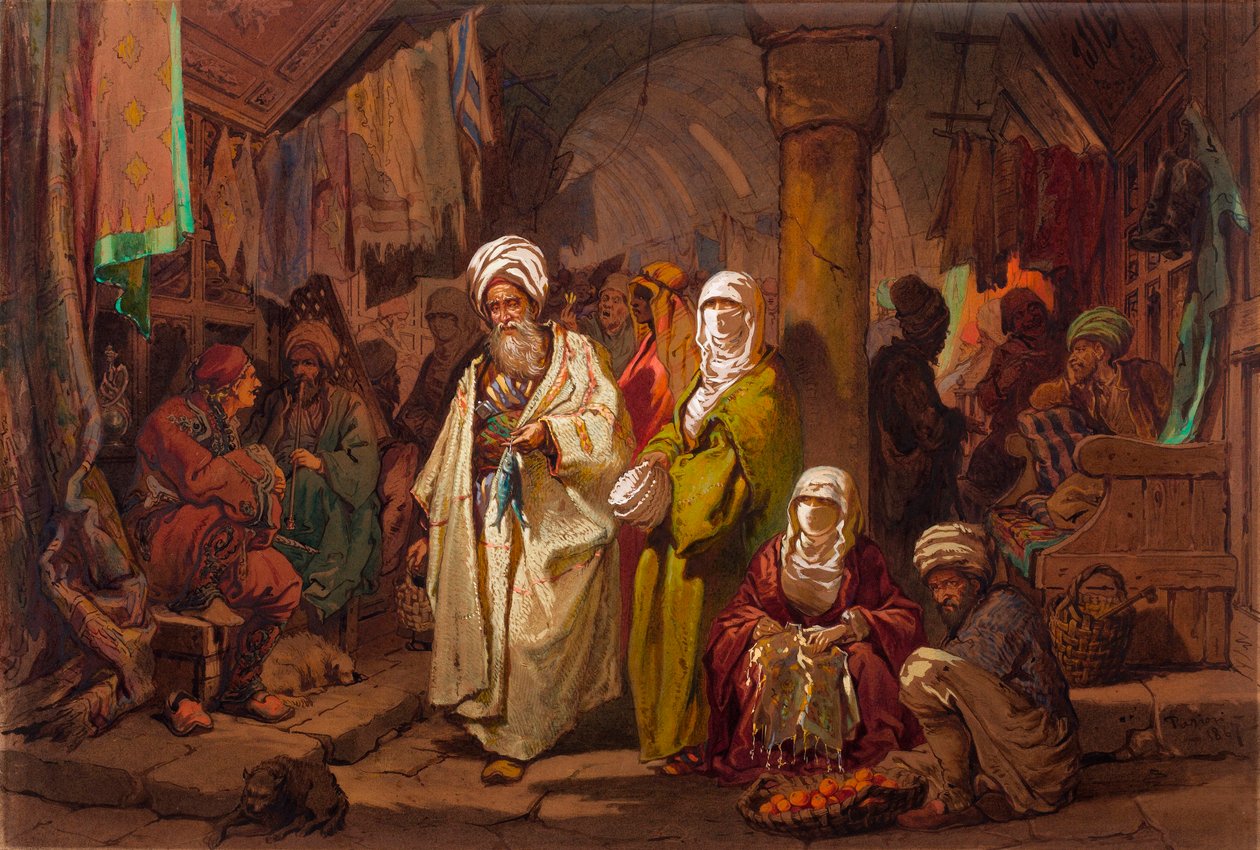 Le grand bazar (souk, marche oriental) - The Grand Bazaar - Av Amedeo Preziosi (1816-1882) Akvarell på papper (45,5x67cm) - Pera Museum, Istanbul av Amadeo Preziosi