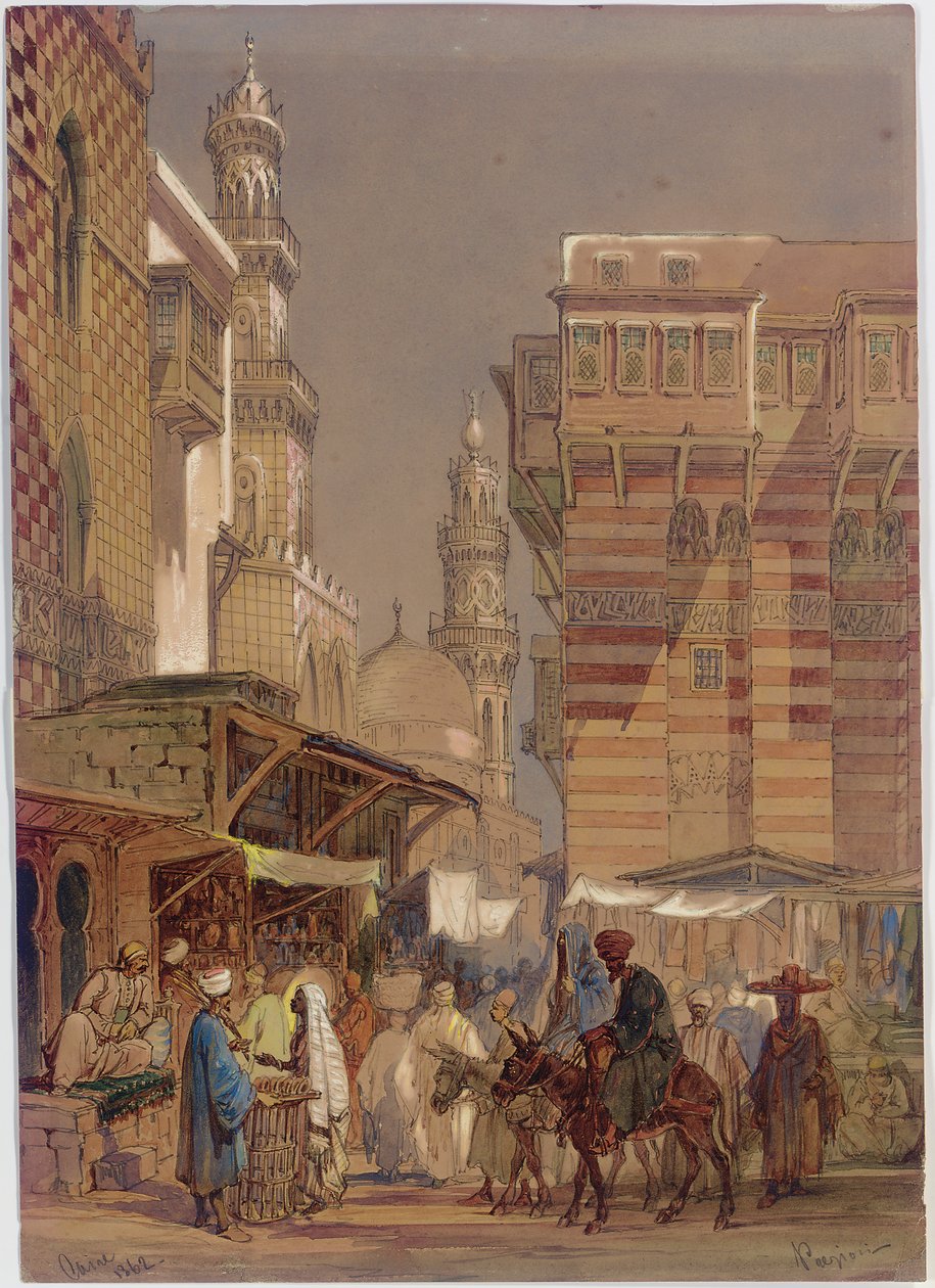 Marknadsdag på Mu"izz id-Din li-Lah, gamla Kairo, 1862 av Amadeo Preziosi