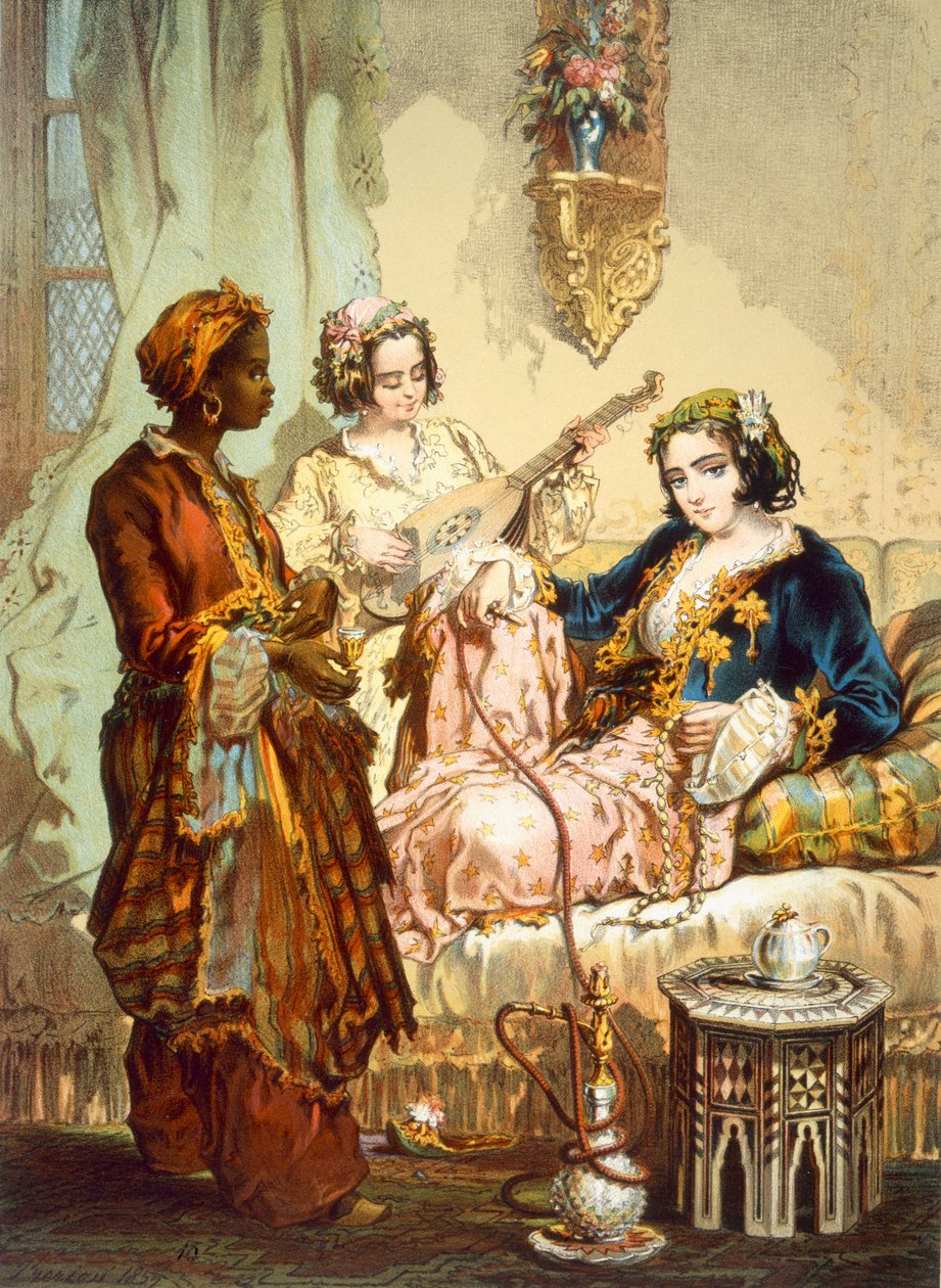 The Cup of Coffee: Två kvinnor som tar kaffe och röker hubble-bubble, pub. 1865. av Amadeo Preziosi