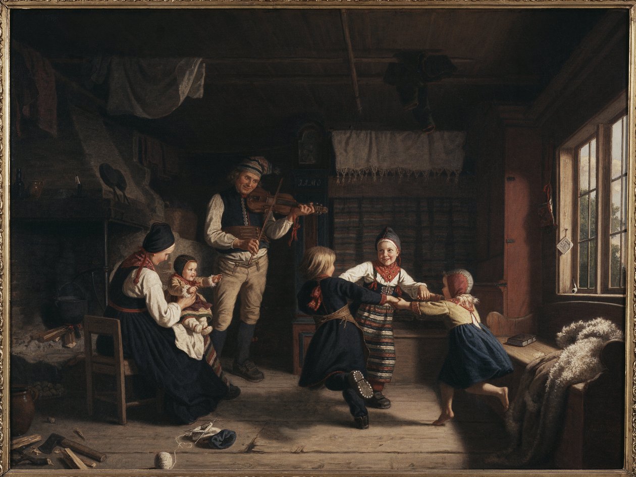 Söndag kväll i en bondgård i Dalarna - Söndagskväll i en bondgård i Dalarna, av Lindegren, Amalia (1814-1891). olja på duk av Amalia Lindegren