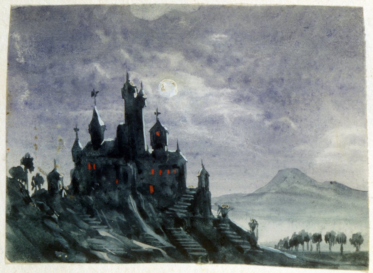 Utsikt över ett fantastiskt slott i månskenet". Akvarell och gouache. Aurore Amadine Lucie Dupin (1804-1876) fransk romanförfattare och feminist som skrev under namnet George Sand. av Amantine Dupin