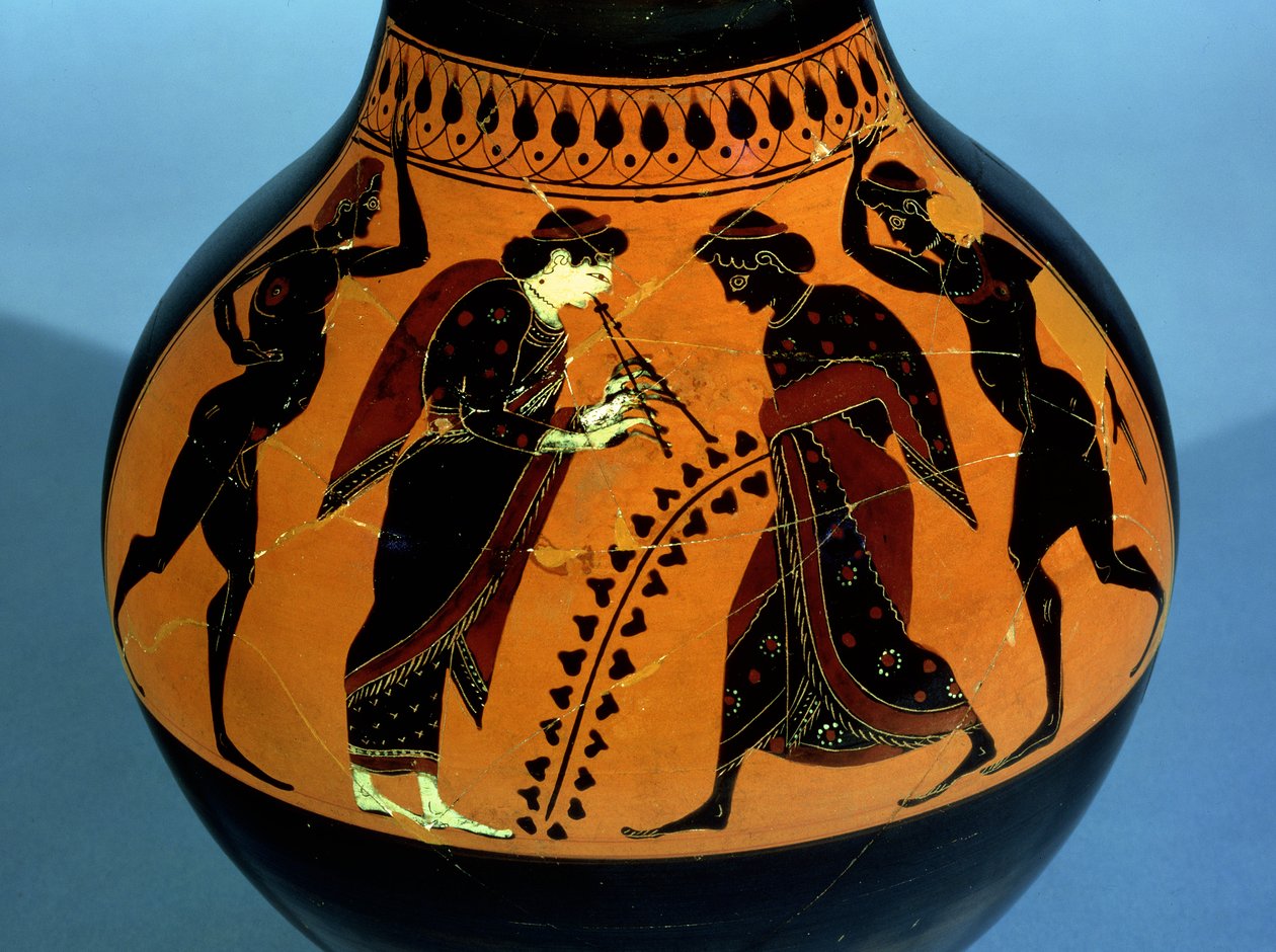 Attic oinochoe med svart figur dekorerad med en scen av en drinkfest med dansare och en kvinna som spelar ett vassinstrument (keramik) av Amasis Painter