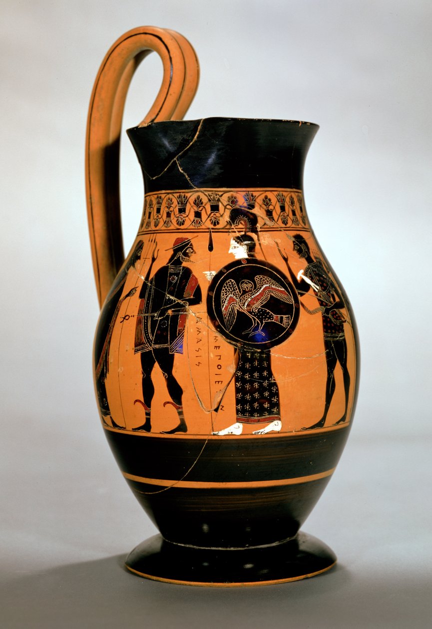 Attisk svartfigur olpe föreställande Athena konfronterande Poseidon, 600-talet f.Kr. (keramik) av Amasis Painter