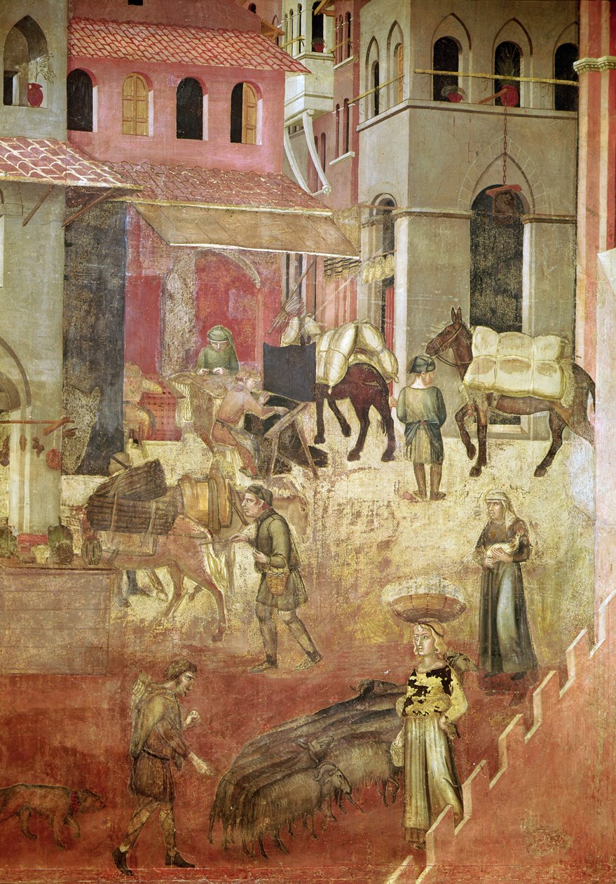 Effekter av en god regering i staden, detalj från Allegory and Effects of Good and Bad Government on Town and Country, åsnor som bär varor, textilvävare, en herde och hans hjord, 1337-9, av Ambrogio Lorenzetti