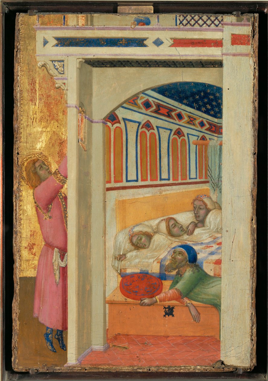 Sankt Nikolaus av Bari erbjuder en hemgift till fattiga flickor Sankt Nikolaus av Bari ... av Ambrogio (circle of) Lorenzetti