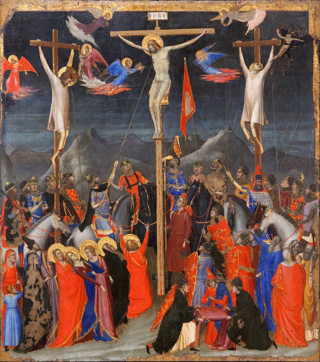 Korsfästelsen - På sidorna, representation av den gode tjuven (även kallad Saint Dismas (eller Dysmas, Dimas, Dumas) och den onde tjuven (Gesmas eller Gestas), två tjuvar korsfästa med Jesus Kristus - Inskription INRI (I N R I) på korset - Målning av Gio av Ambrogio Bondone (workshop) Giotto