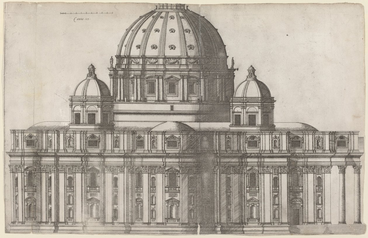 Längsgående vy av Peterskyrkan, Rom av Ambrogio Brambilla, after Michelangelo