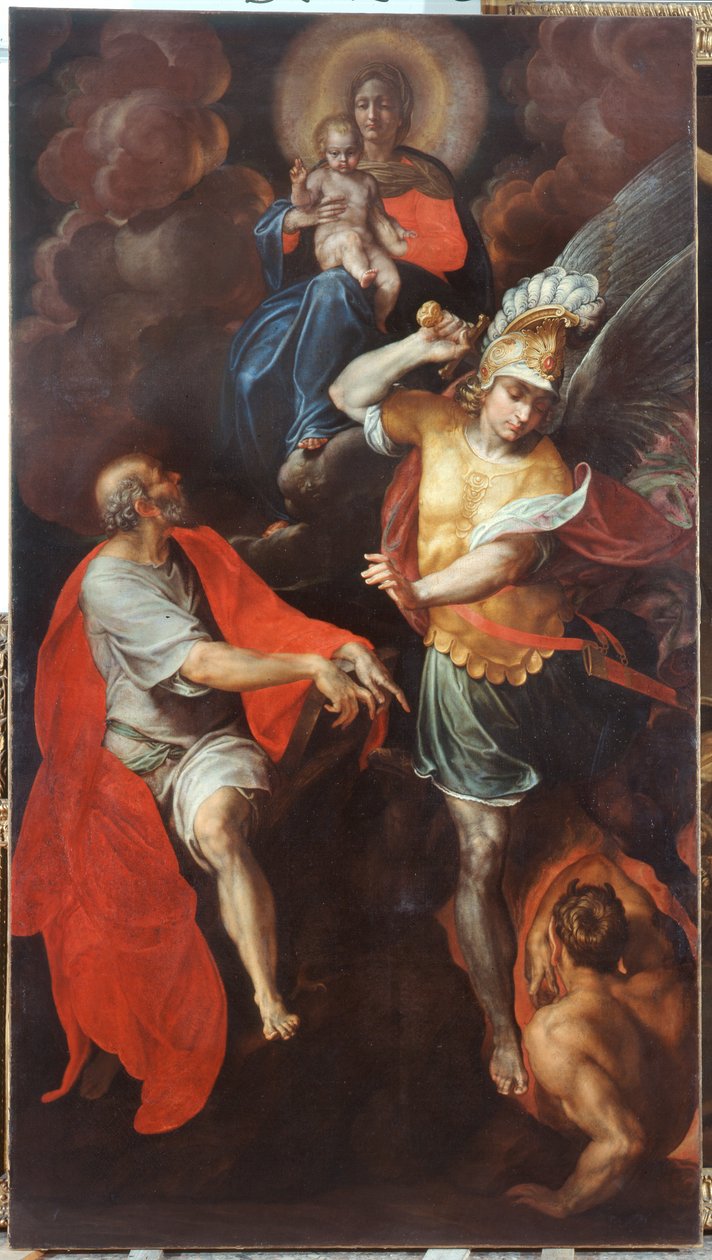 Madonna och barnet och St. Johannes evangelisten och St. Mikael av Ambrogio Giovanni Figino