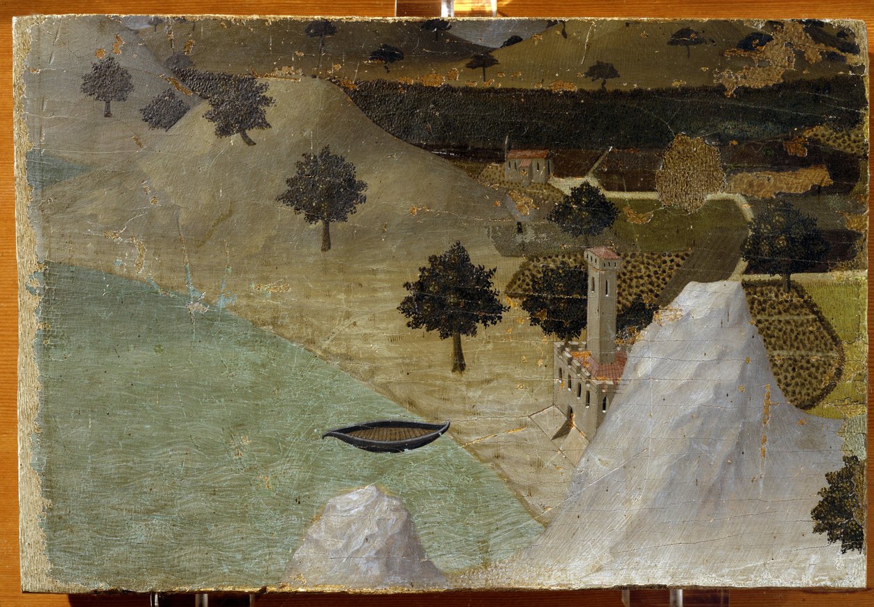 Ett slott som står vid en sjö - tempera på panel av Ambrogio Lorenzetti